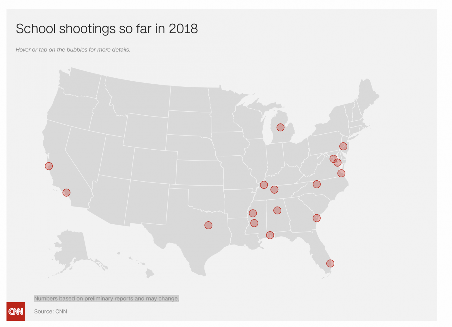 Map detailing the location of school shootings, courtesy of CNN.com. Link to site in article.