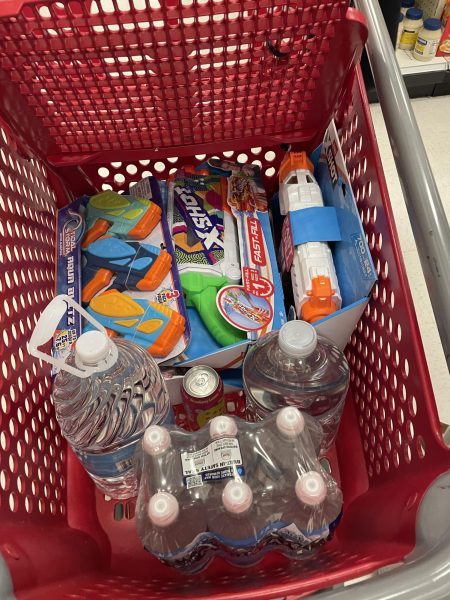 Photo of water guns and water in a Target cart.